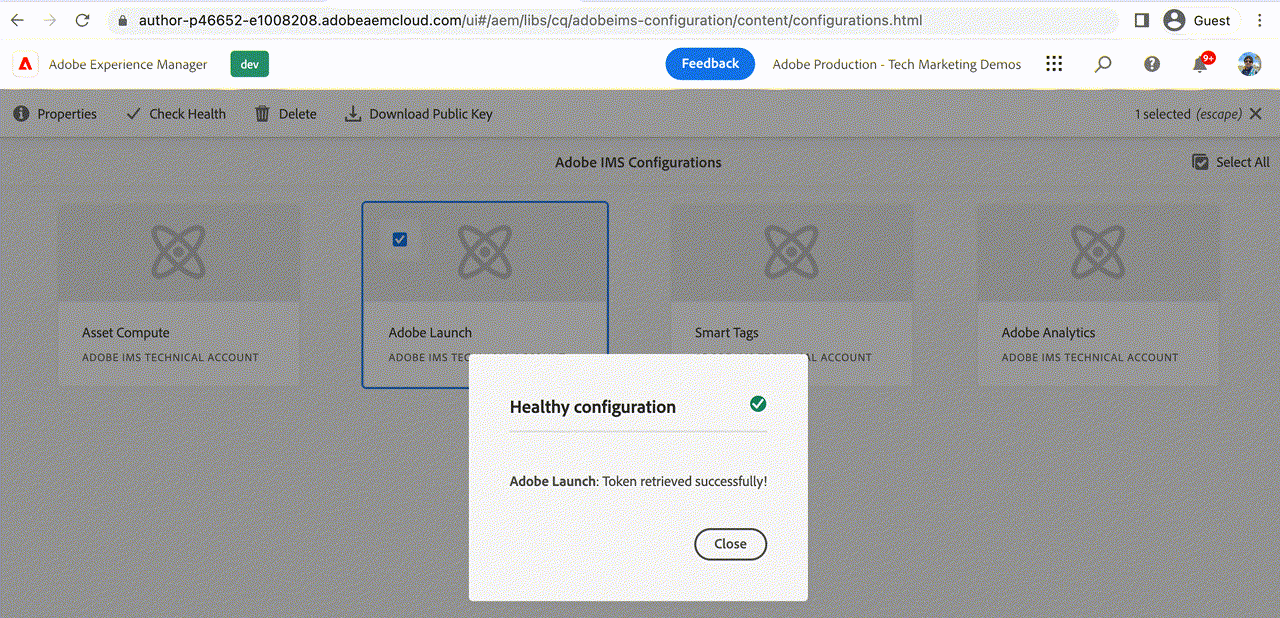 AEM Cloud Services showing a healthy IMS configuration