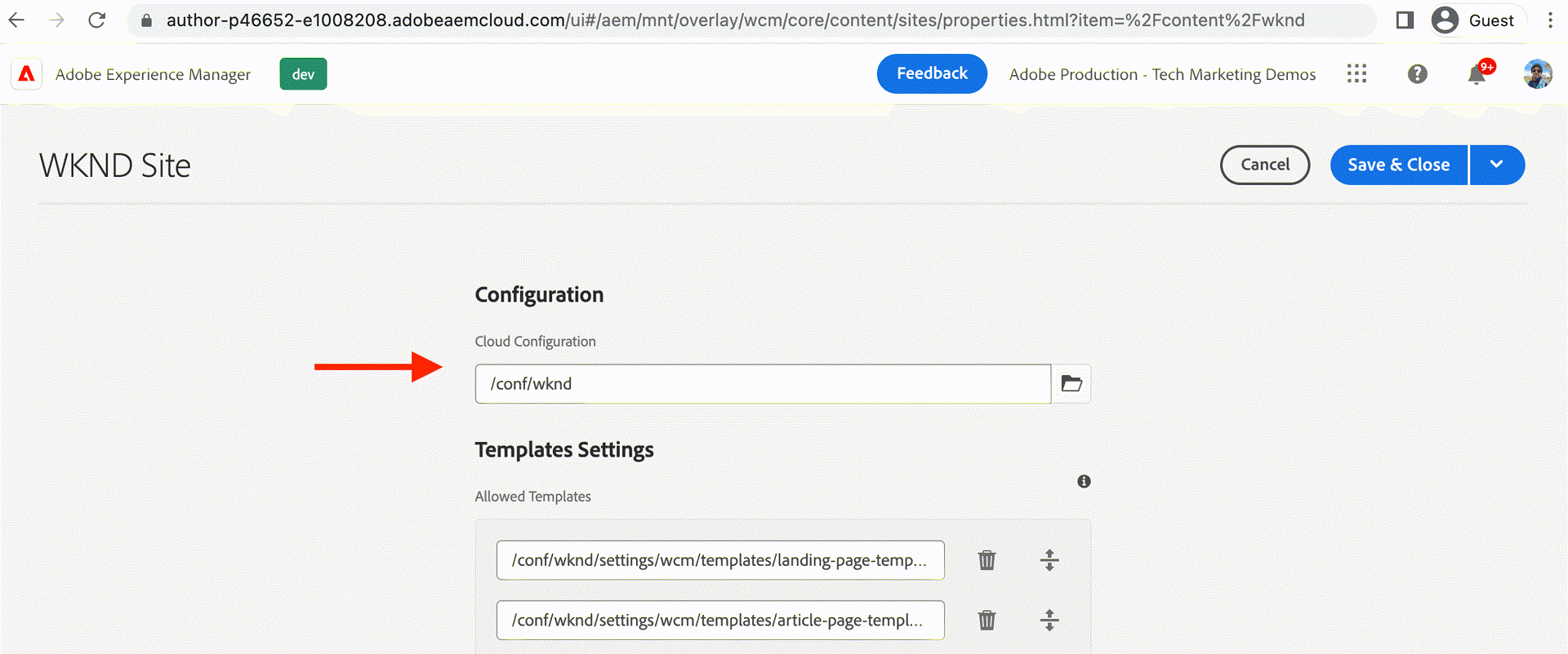 Applying the cloud services configuration to the WKND site
