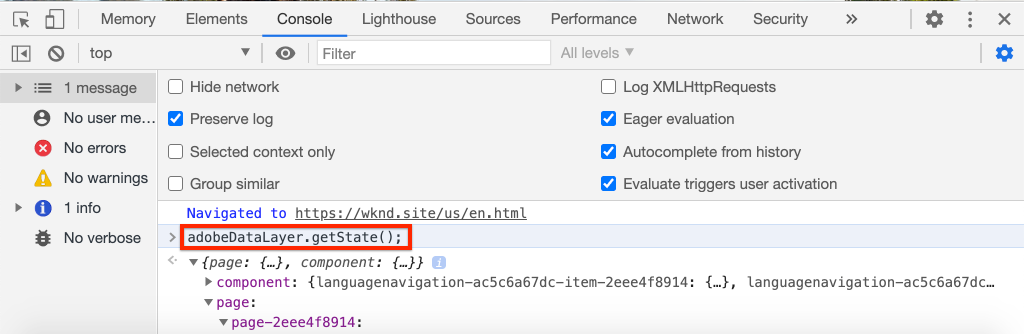 adobeDataLayer.getState() response object