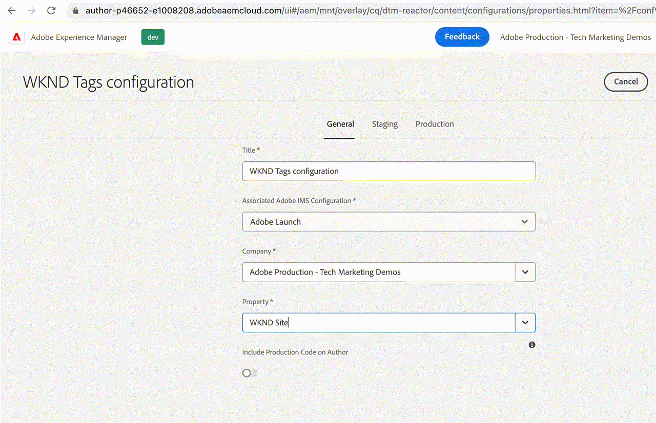 AEM Cloud Services configuration for Tags