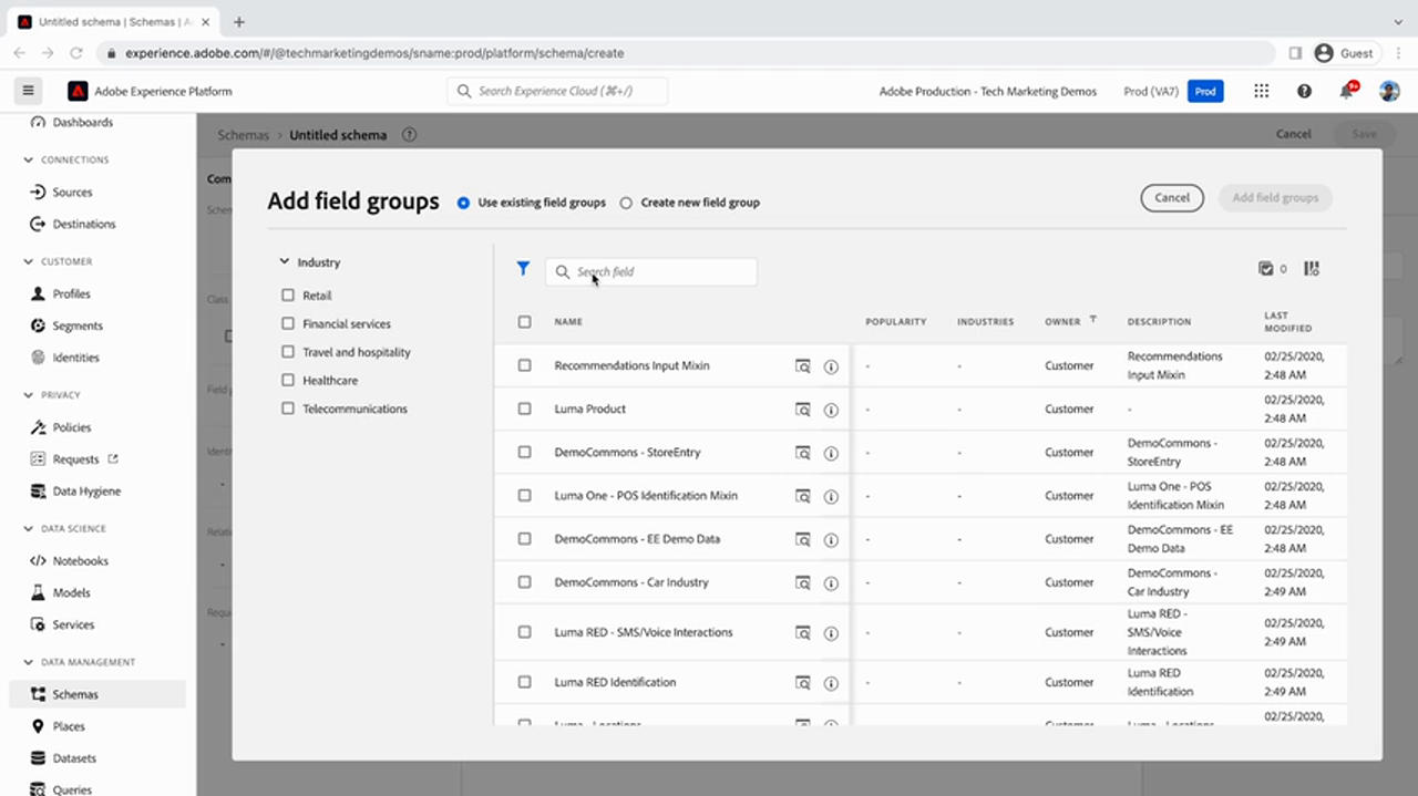 Add field groups modal with existing field groups