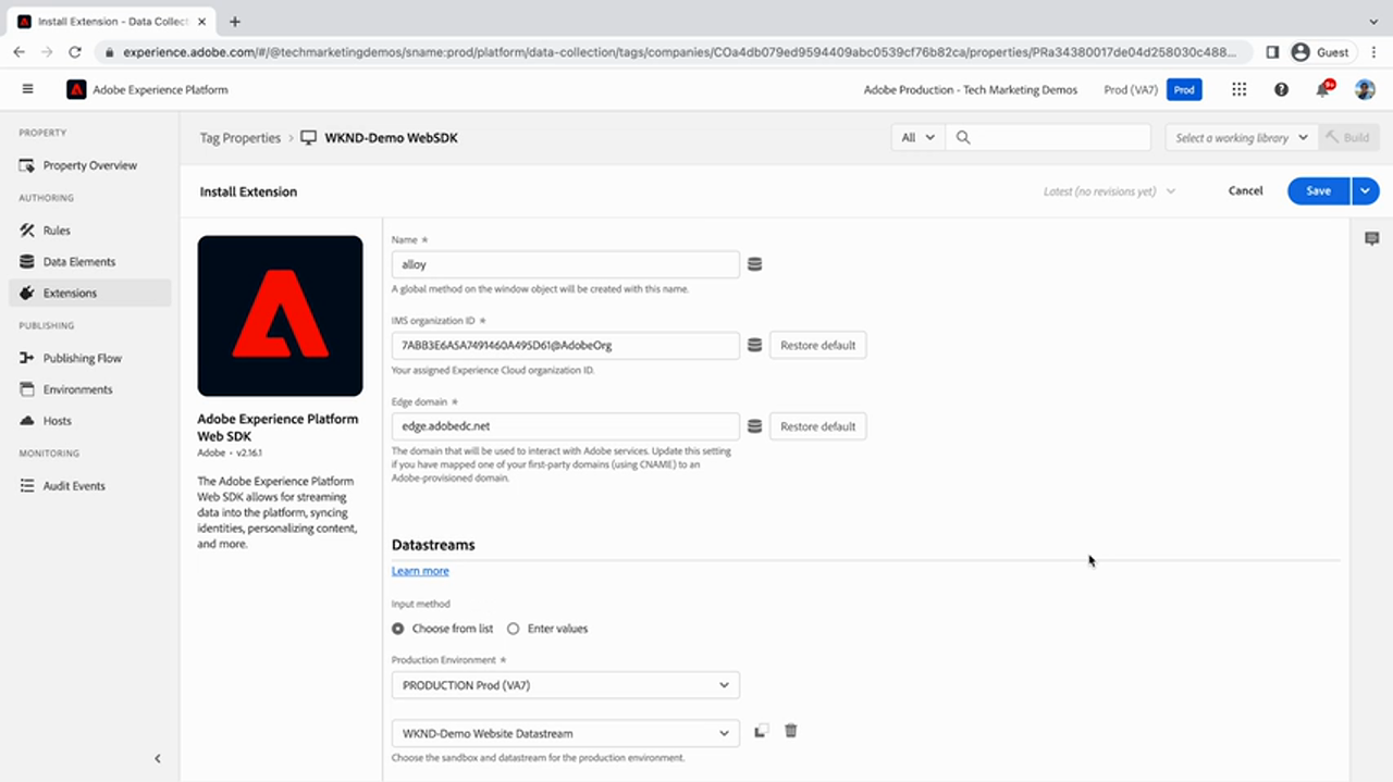 Web SDK configuration form with alloy instance and datastream
