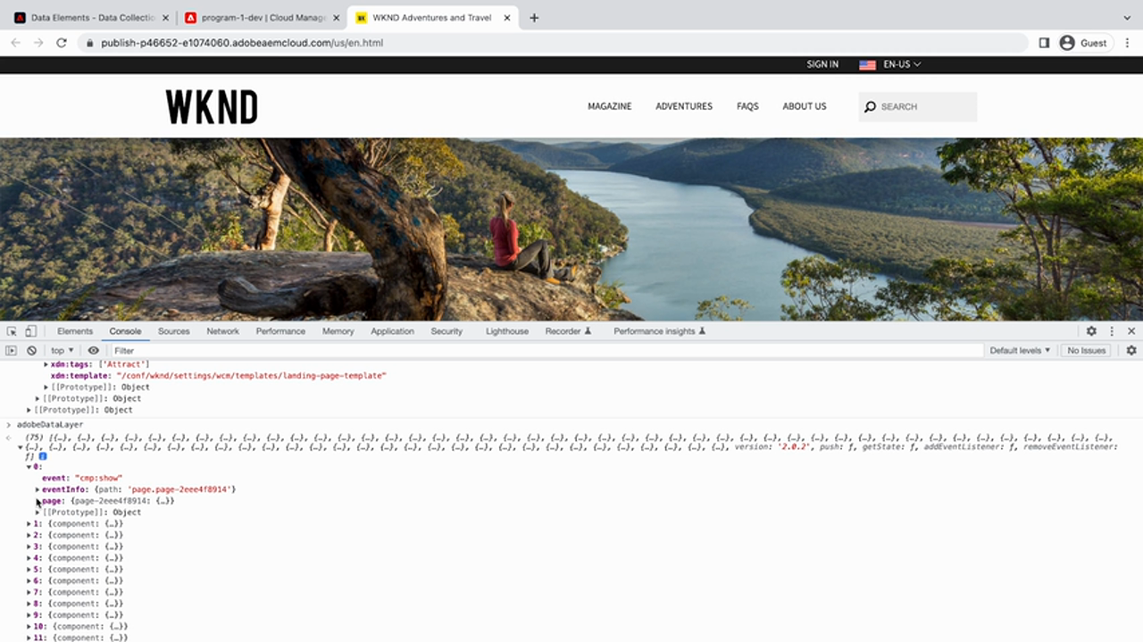 WKND page with devtools showing adobeDataLayer state