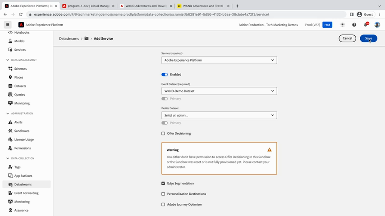 Datastream Add Service panel with a permission warning