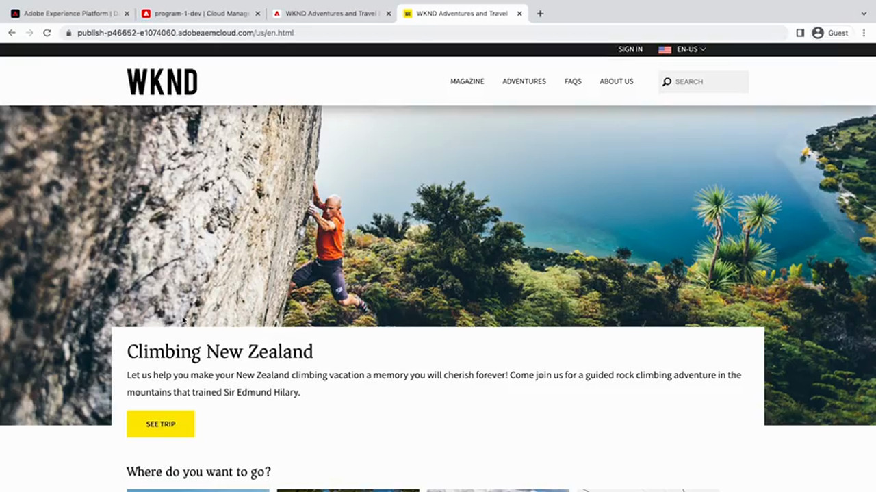 WKND Climbing New Zealand page in a browser