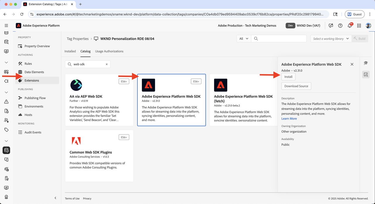 Installing the Web SDK extension