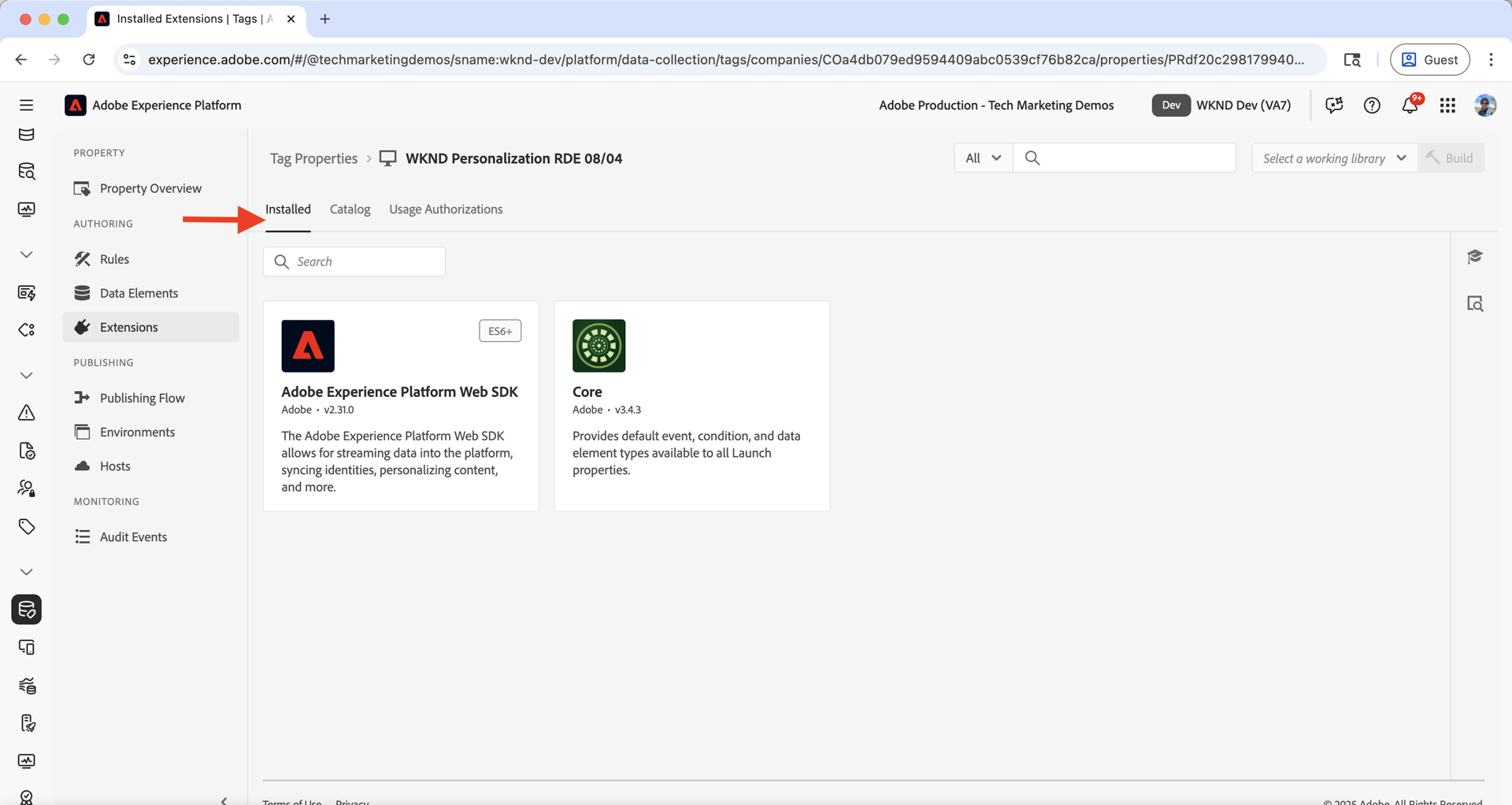 Web SDK extension installed