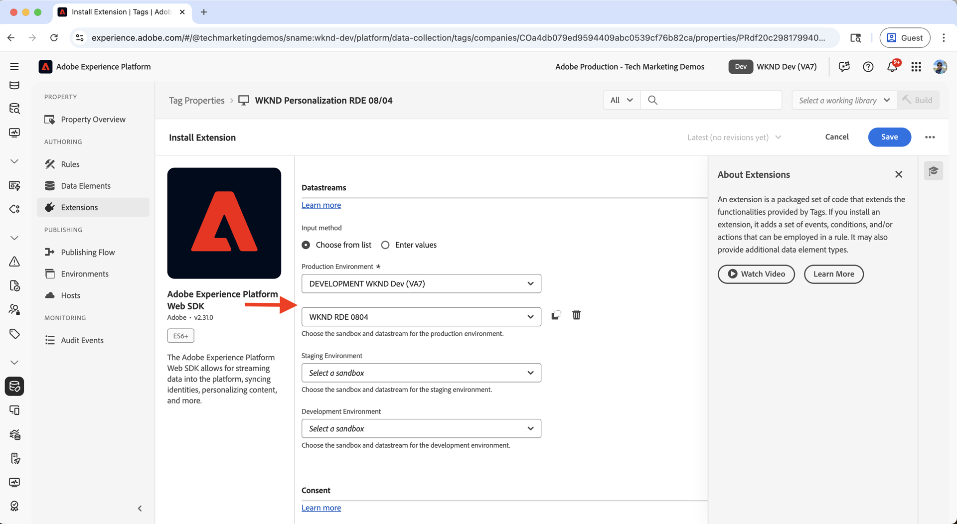 Selecting the datastream in the extension configuration